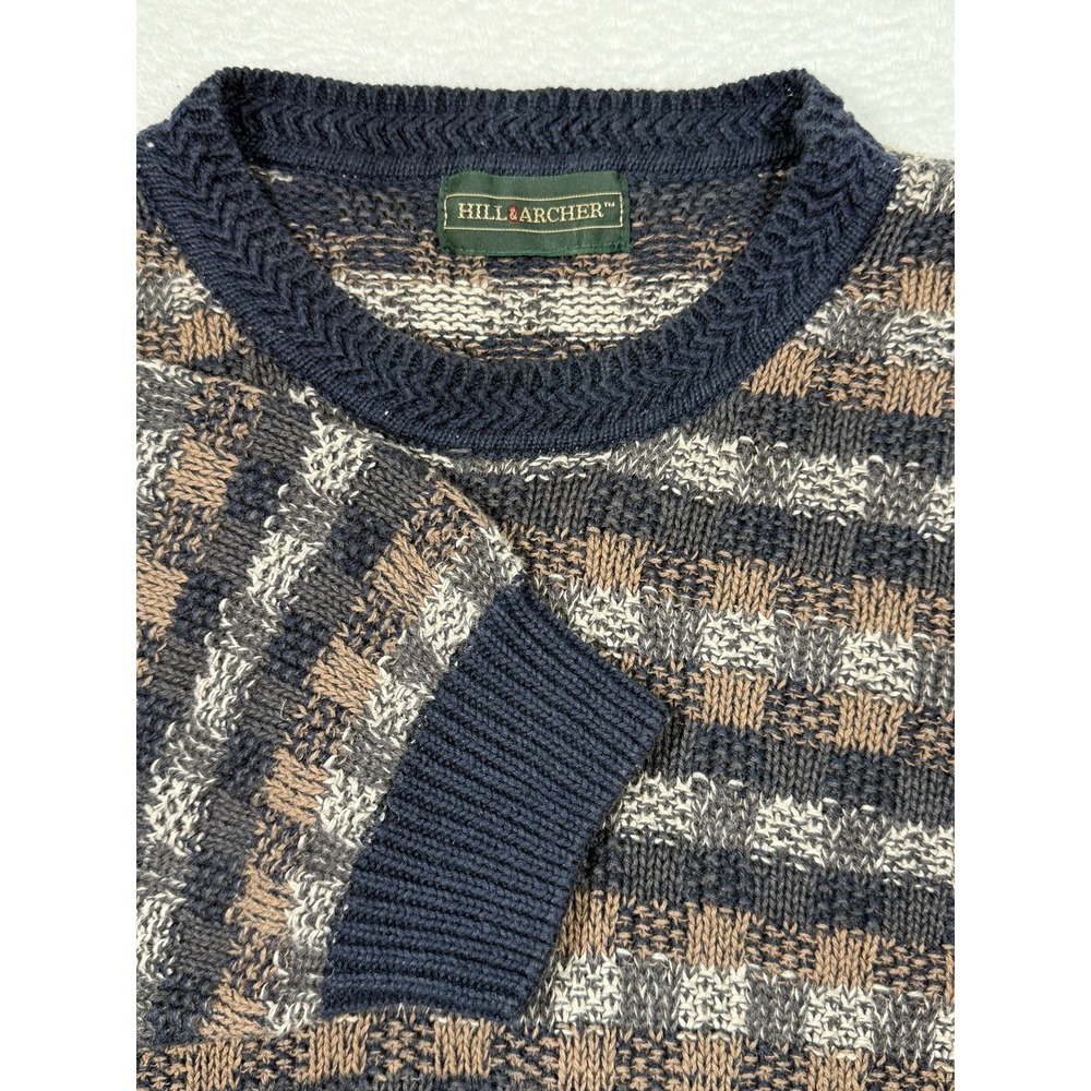 Hill & Archer VTG 90s Sz XL Ramie Cotton Gray/ Tan‎ Check Knit Sweater Old Money